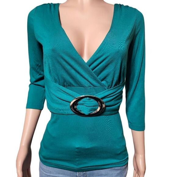 No excuse v-neck teal 3/4 sleeve with belt top 38/40 M - Picture 3 of 5